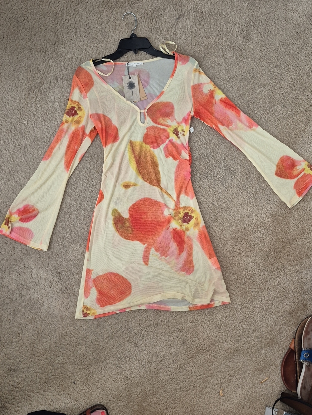 Nwt Floral V-Neck Bell Sleeve Mini Dress - Coral & Cream see Through Mesh